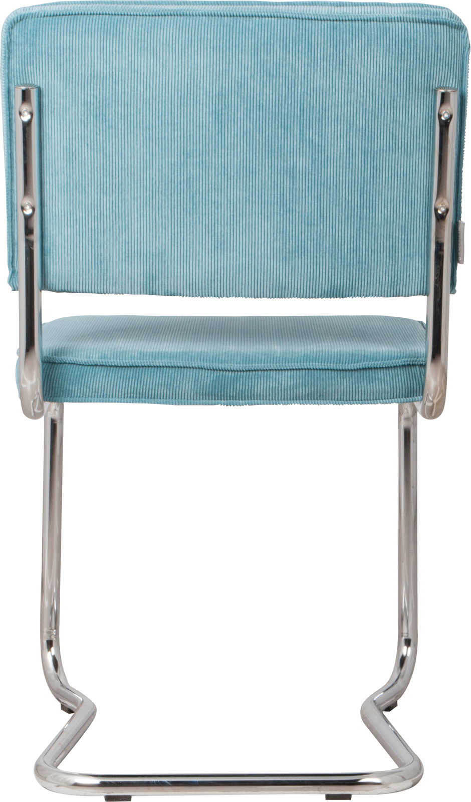 Rückansicht eines Stuhls mit türkisfarbenem Stoffbezug und verchromtem Metallgestell.