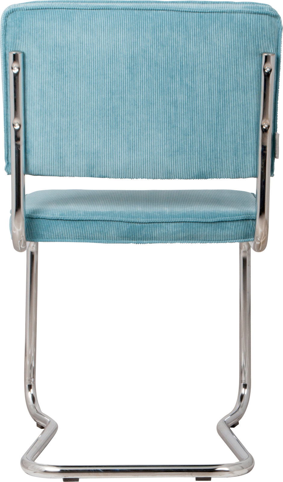 Rückansicht eines Stuhls mit türkisfarbenem Stoffbezug und verchromtem Metallgestell.