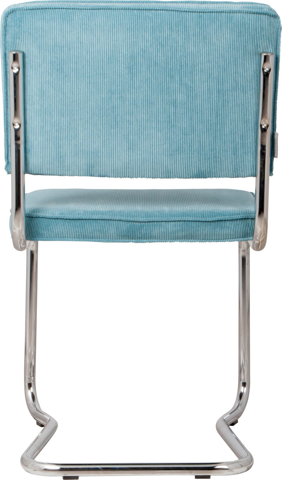 Rückansicht eines Stuhls mit türkisfarbenem Stoffbezug und verchromtem Metallgestell.