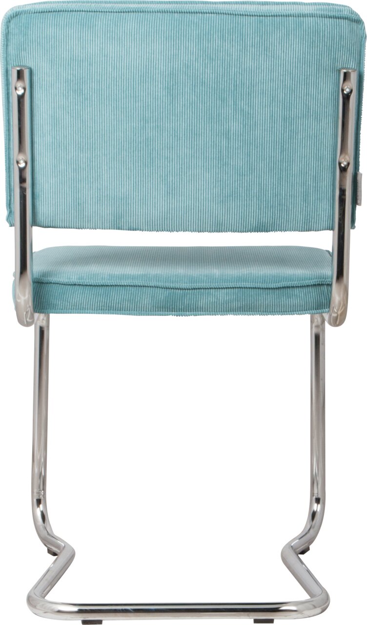 Z2 Stuhl RIDGE Rückansicht eines Stuhls mit türkisfarbenem Stoffbezug und verchromtem Metallgestell.