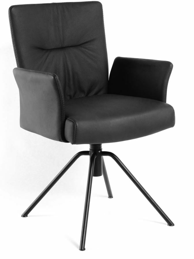 Moderner schwarzer Sessel mit Armlehnen und Metallbeinen, seitliche Perspektive