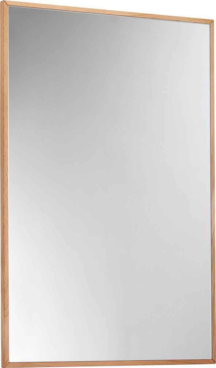 Rechteckiger Spiegel mit Holzrahmen, schräg von der Seite fotografiert