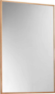 Rechteckiger Spiegel mit Holzrahmen, schräg von der Seite fotografiert