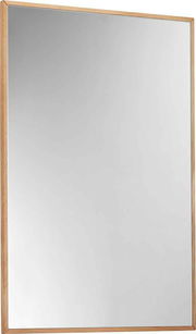 Rechteckiger Spiegel mit Holzrahmen, schräg von der Seite fotografiert