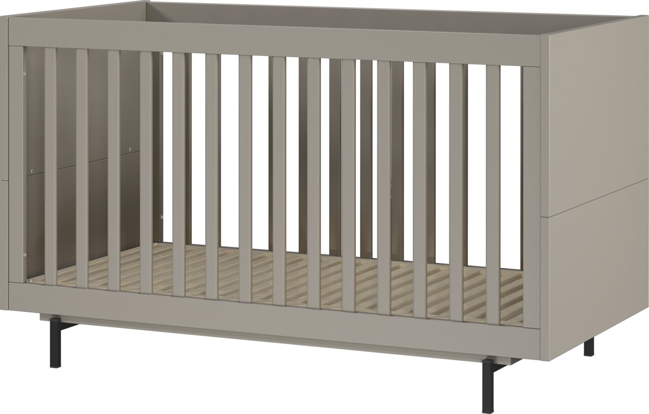 Modernes Babybett in neutralem Grau mit Gitterstäben, seitliche Perspektive
