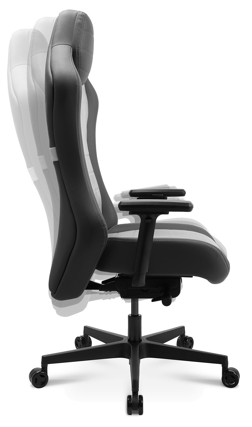 Seitliche Ansicht eines verstellbaren Gaming-Stuhls mit ergonomischem Design und Rollen.