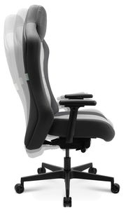 Seitliche Ansicht eines verstellbaren Gaming-Stuhls mit ergonomischem Design und Rollen.