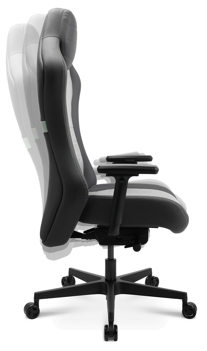 Seitliche Ansicht eines verstellbaren Gaming-Stuhls mit ergonomischem Design und Rollen.