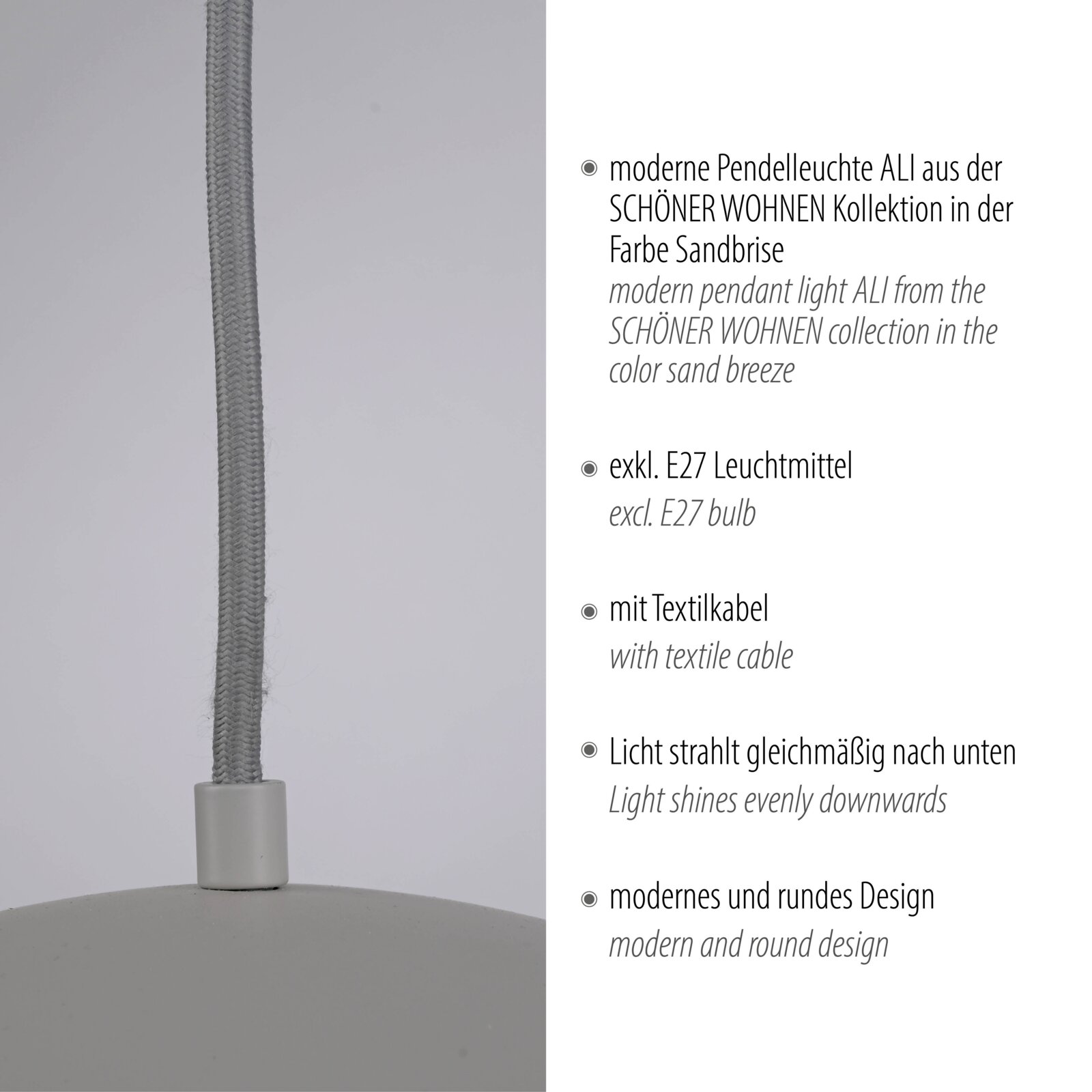 Detailansicht einer modernen Pendelleuchte ALI in Sandbrise mit grauem Textilkabel und rundem Lampenschirm, perspektivisch von der Seite/nah aufgenommen.