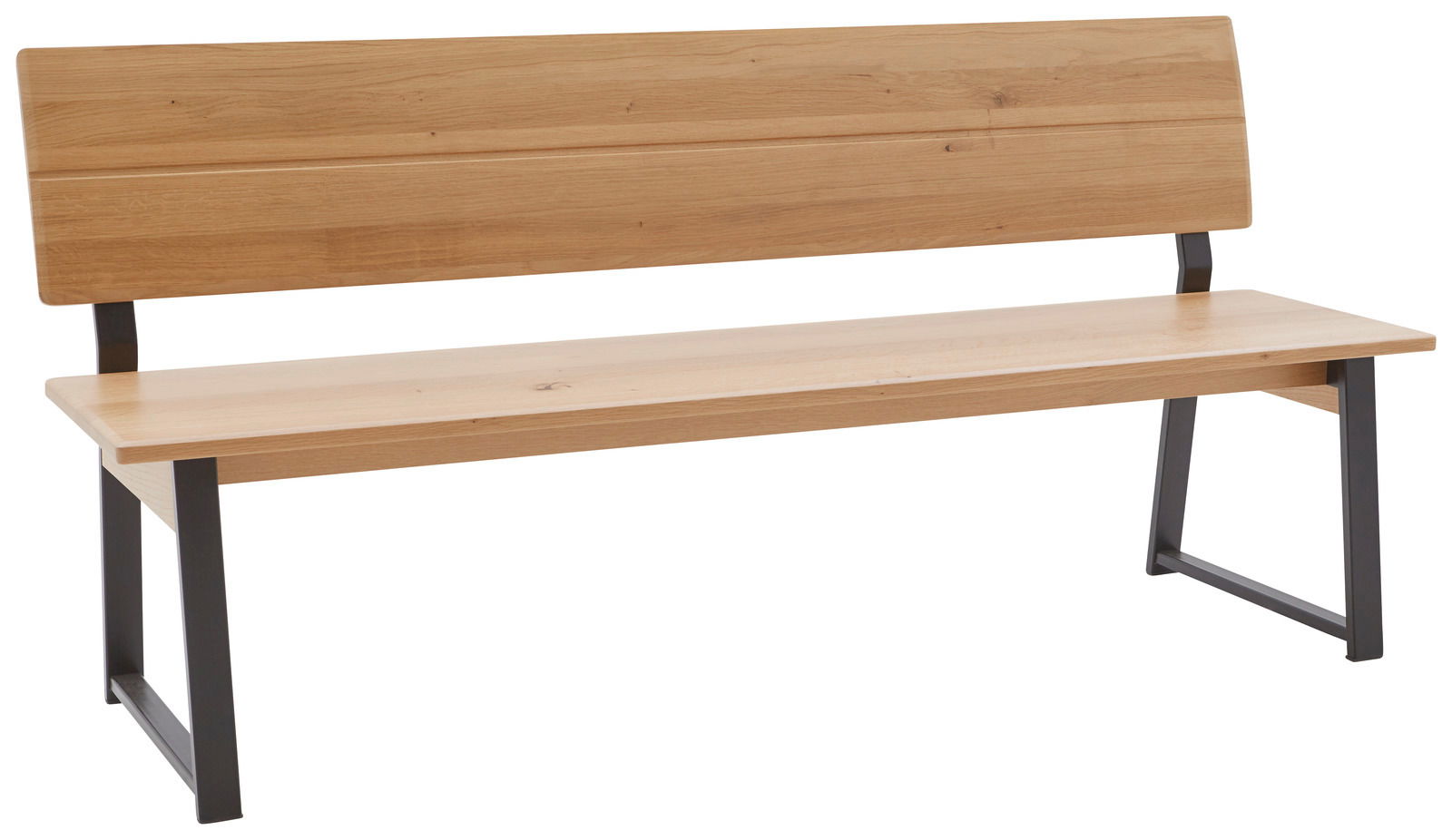 Holzbank mit Metallbeinen, seitliche Perspektive