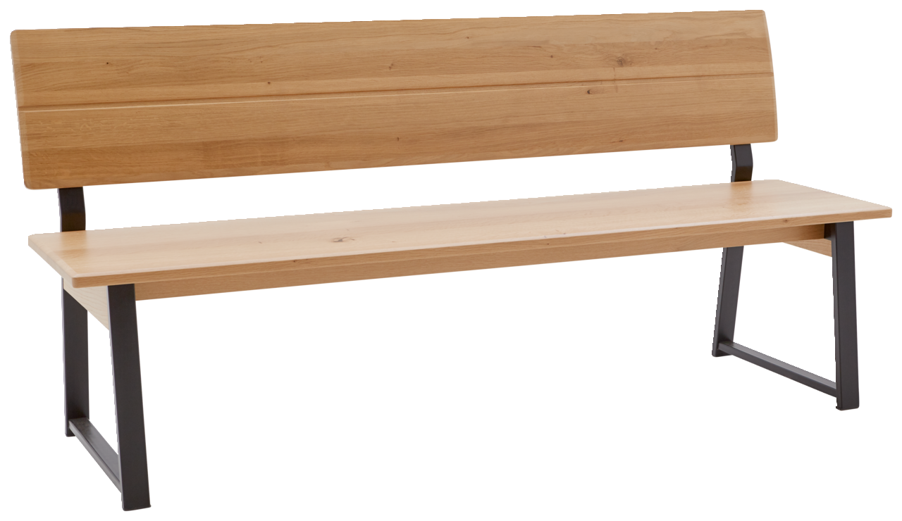 Holzbank mit Metallbeinen, seitliche Perspektive