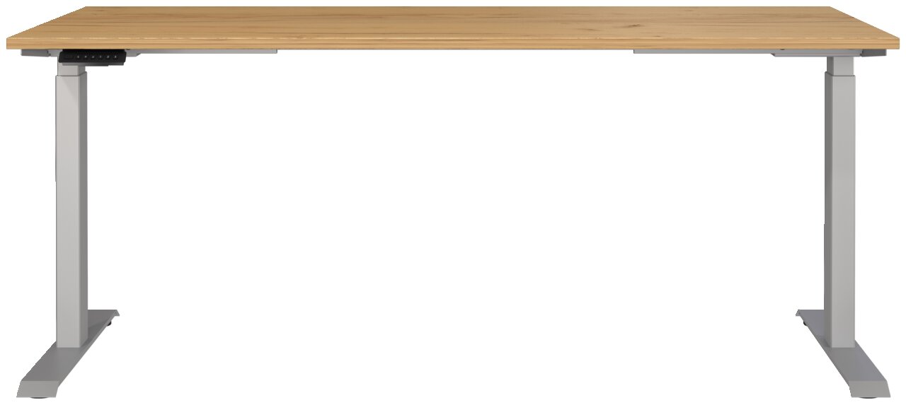 Elektrisch höhenverstellbarer Schreibtisch mit Holzplatte und grauem Gestell, Frontalansicht