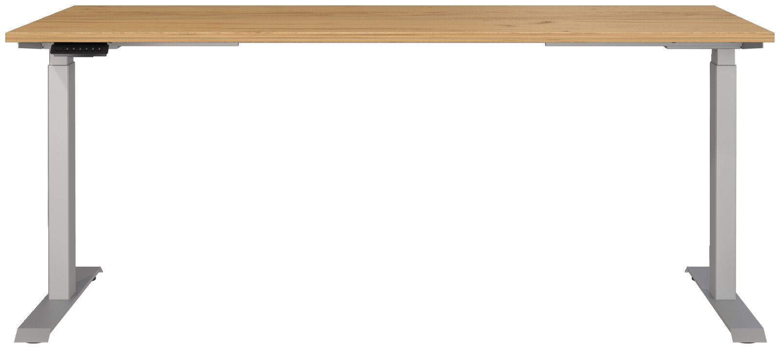 Elektrisch höhenverstellbarer Schreibtisch mit Holzplatte und grauem Gestell, Frontalansicht