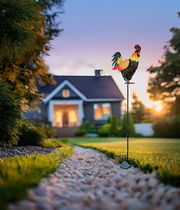 Solarleuchte in Form eines Hahns im Garten, seitliche Perspektive bei Sonnenuntergang