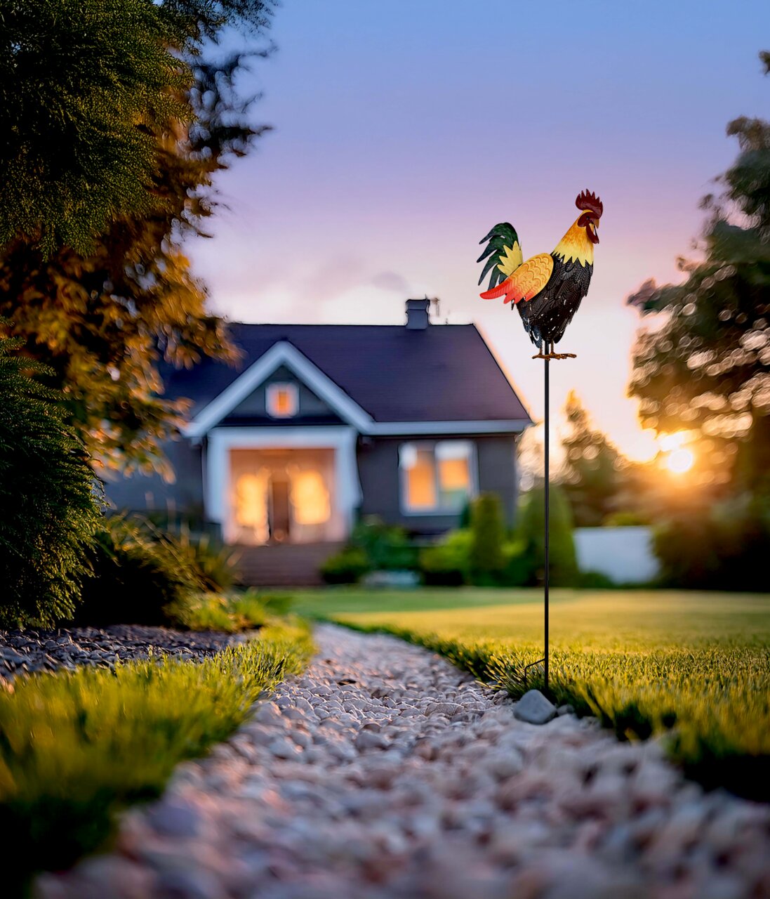 Zonne-lamp in de vorm van een haan in de tuin, zijaanzicht bij zonsondergang