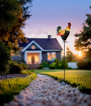 Zonne-lamp in de vorm van een haan in de tuin, zijaanzicht bij zonsondergang