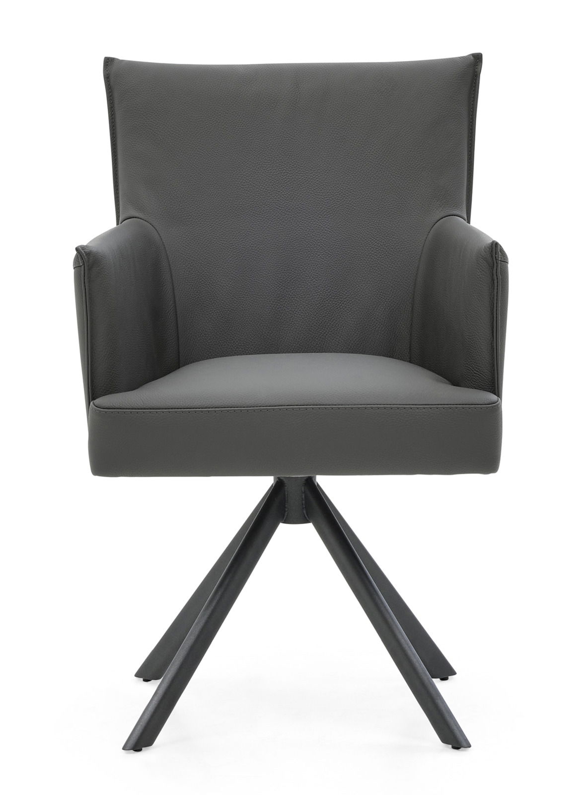 Moderner Armlehnstuhl in dunklem Grau mit vierbeinigem Metallgestell, Frontalansicht.