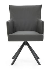 Moderner Armlehnstuhl in dunklem Grau mit vierbeinigem Metallgestell, Frontalansicht.