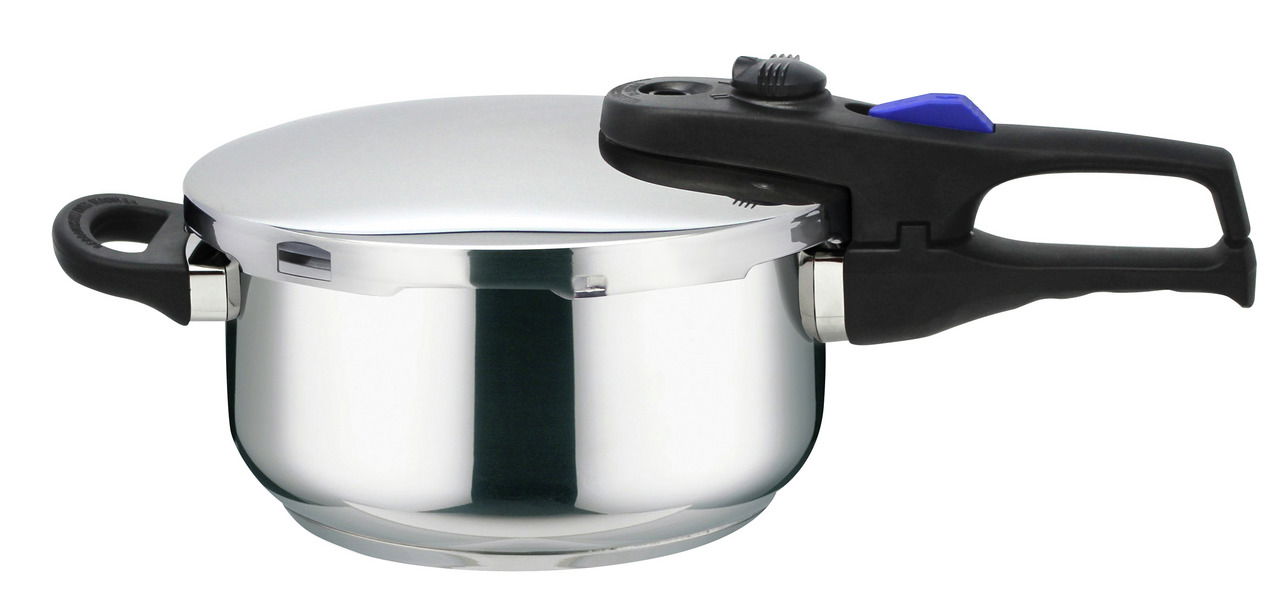Schnellkochtopf Praktika 4 Liter aus Edelstahl mit schwarzem Griff, seitliche Perspektive
