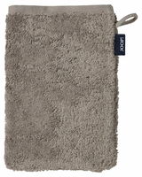 Beiger Waschhandschuh aus Frottee mit Schlaufe und Markenetikett, Vorderansicht