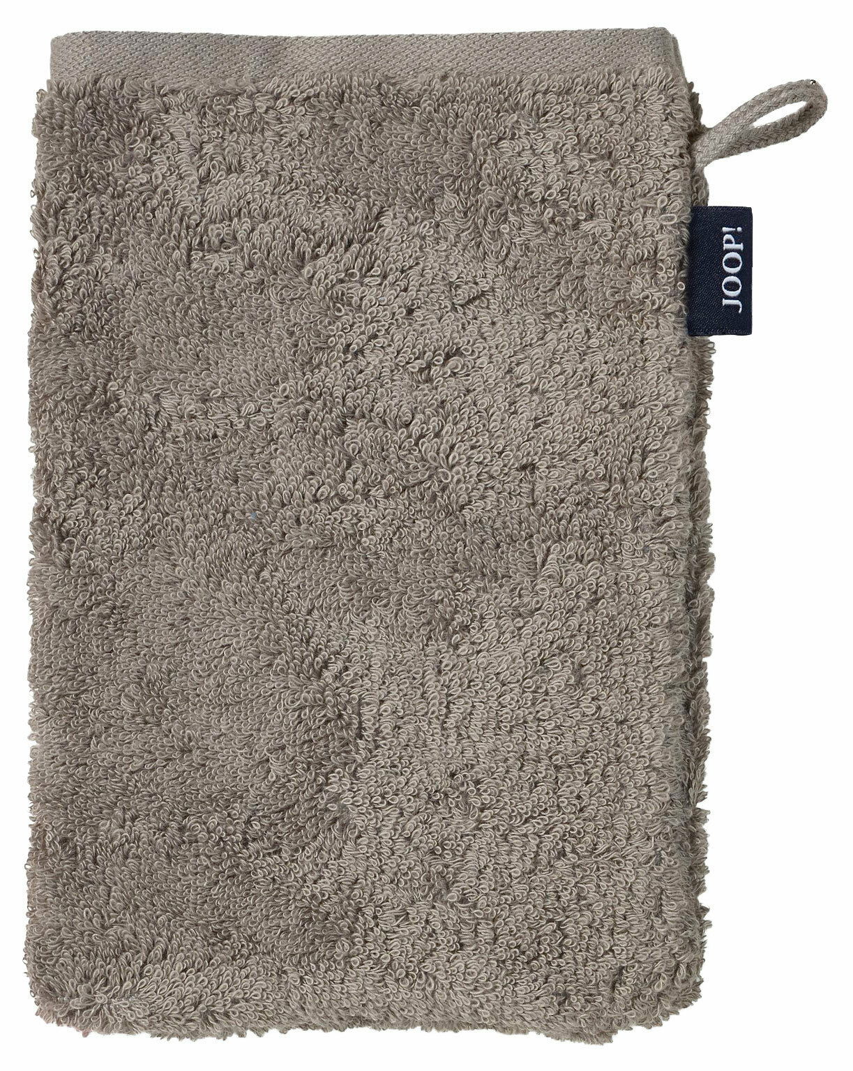 JOOP! Waschhandschuh DOUBLEFACE CLASSIC Beiger Waschhandschuh aus Frottee mit Schlaufe und Markenetikett, Vorderansicht