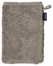 Beiger Waschhandschuh aus Frottee mit Schlaufe und Markenetikett, Vorderansicht