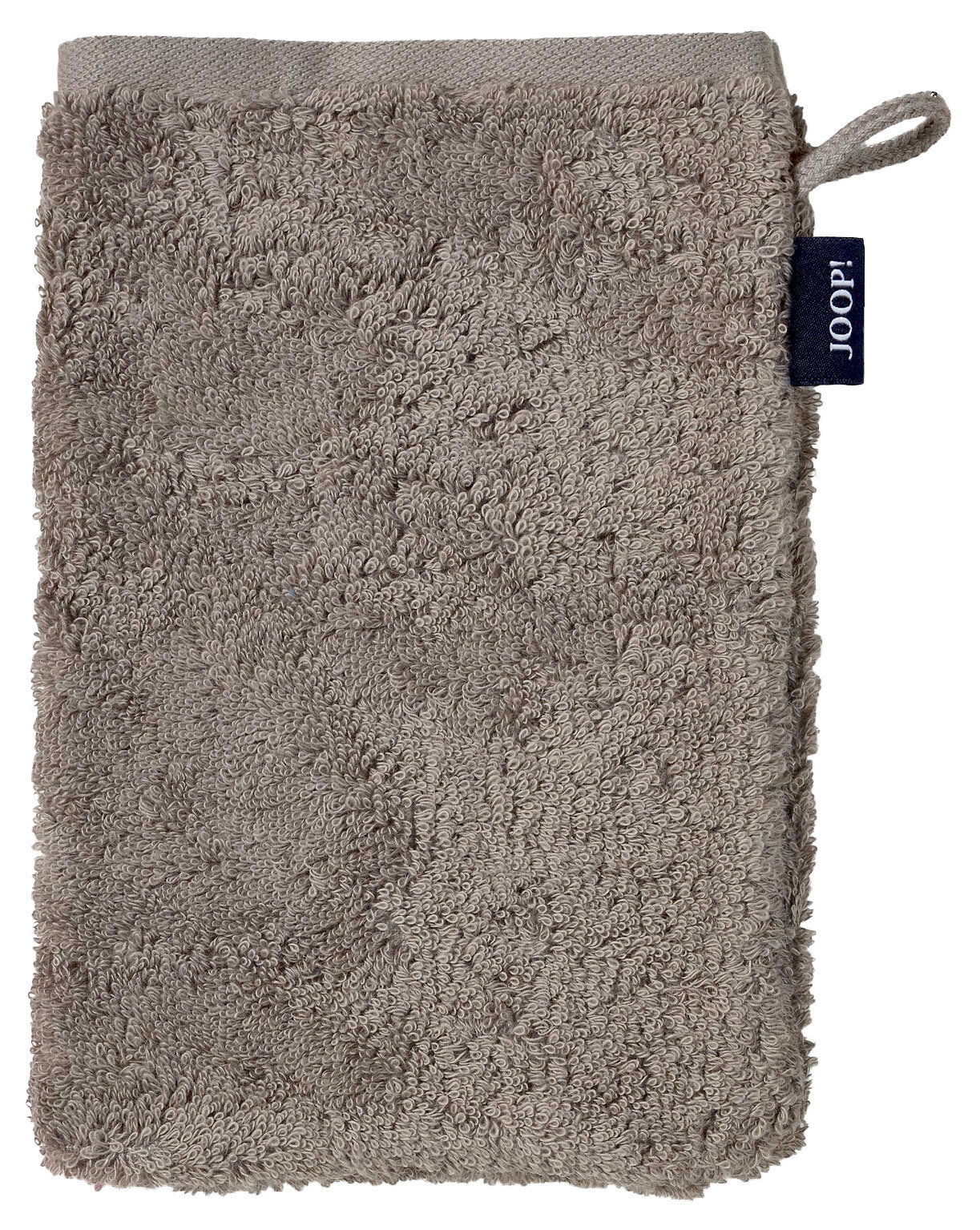 JOOP! Waschhandschuh DOUBLEFACE CLASSIC Beiger Waschhandschuh aus Frottee mit Schlaufe und Markenetikett, Vorderansicht