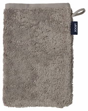 Beiger Waschhandschuh aus Frottee mit Schlaufe und Markenetikett, Vorderansicht