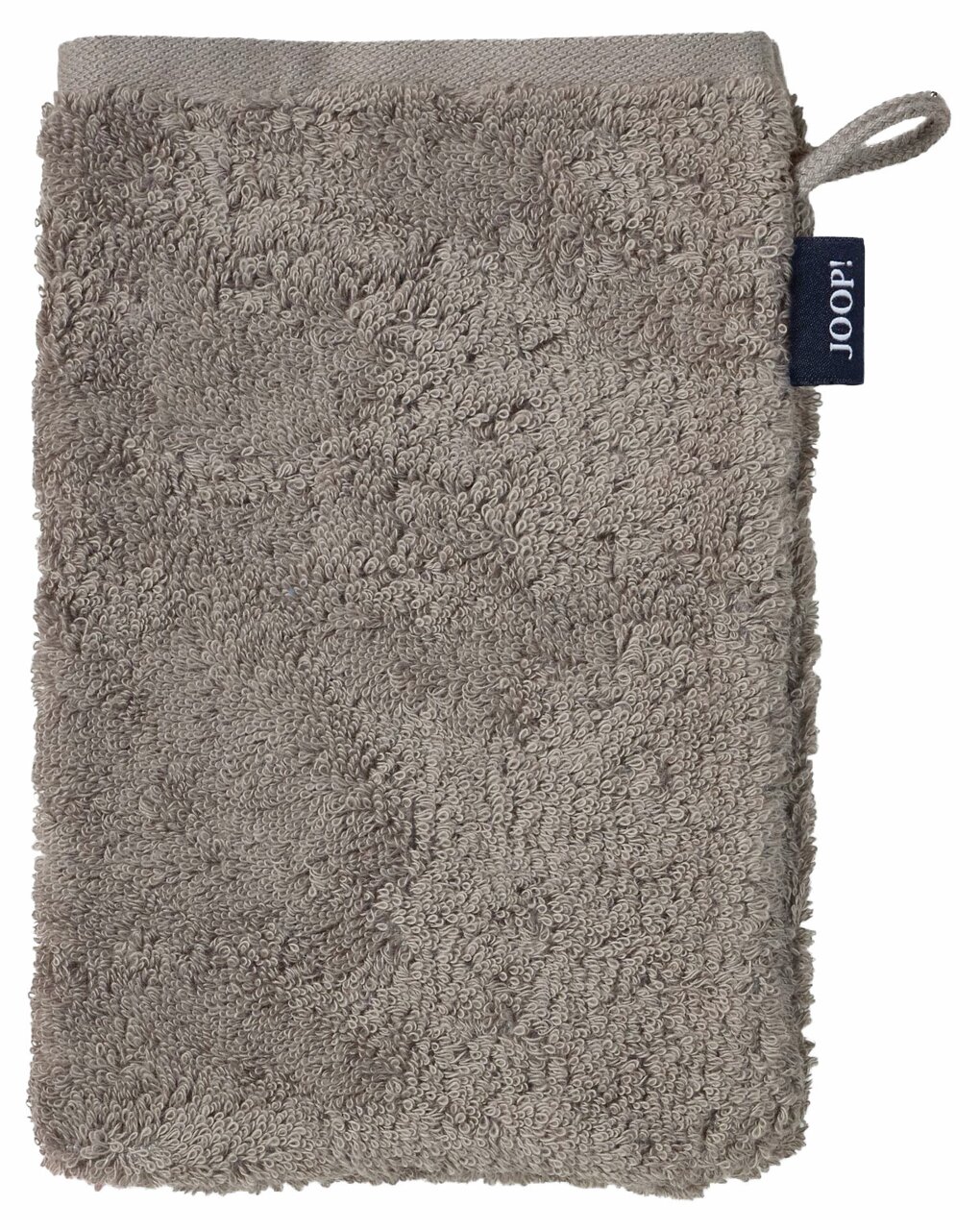Beige washandje van badstof met lus en merklabel, vooraanzicht