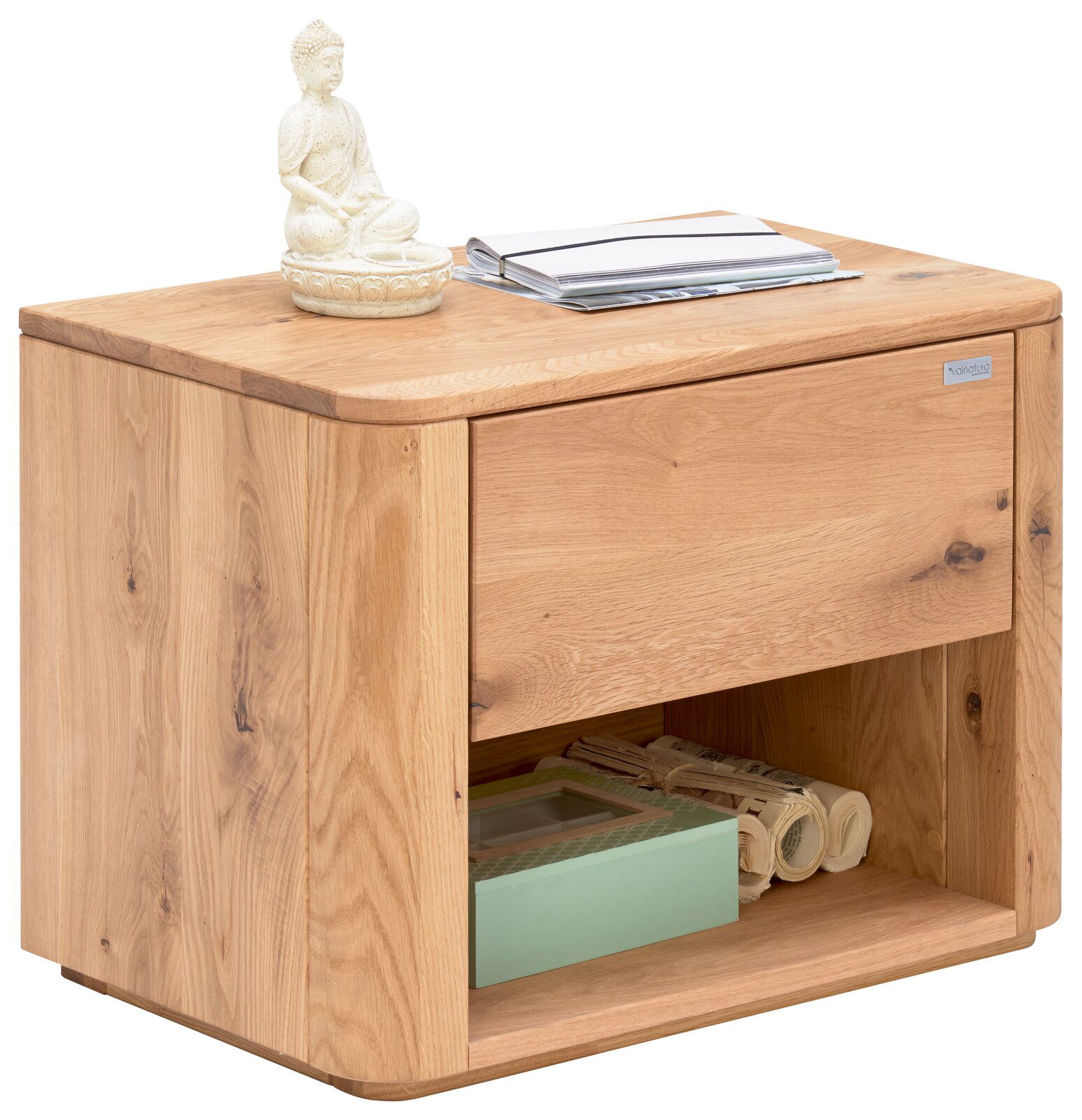 Nachtkonsole aus Holz mit einer Schublade und einem offenen Fach, seitliche Perspektive