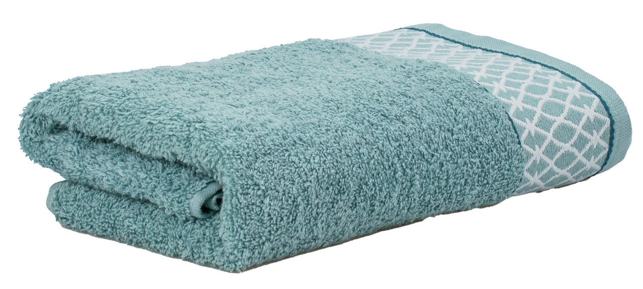 Gefaltetes Handtuch in Türkis mit orientalischem Muster, seitliche Perspektive