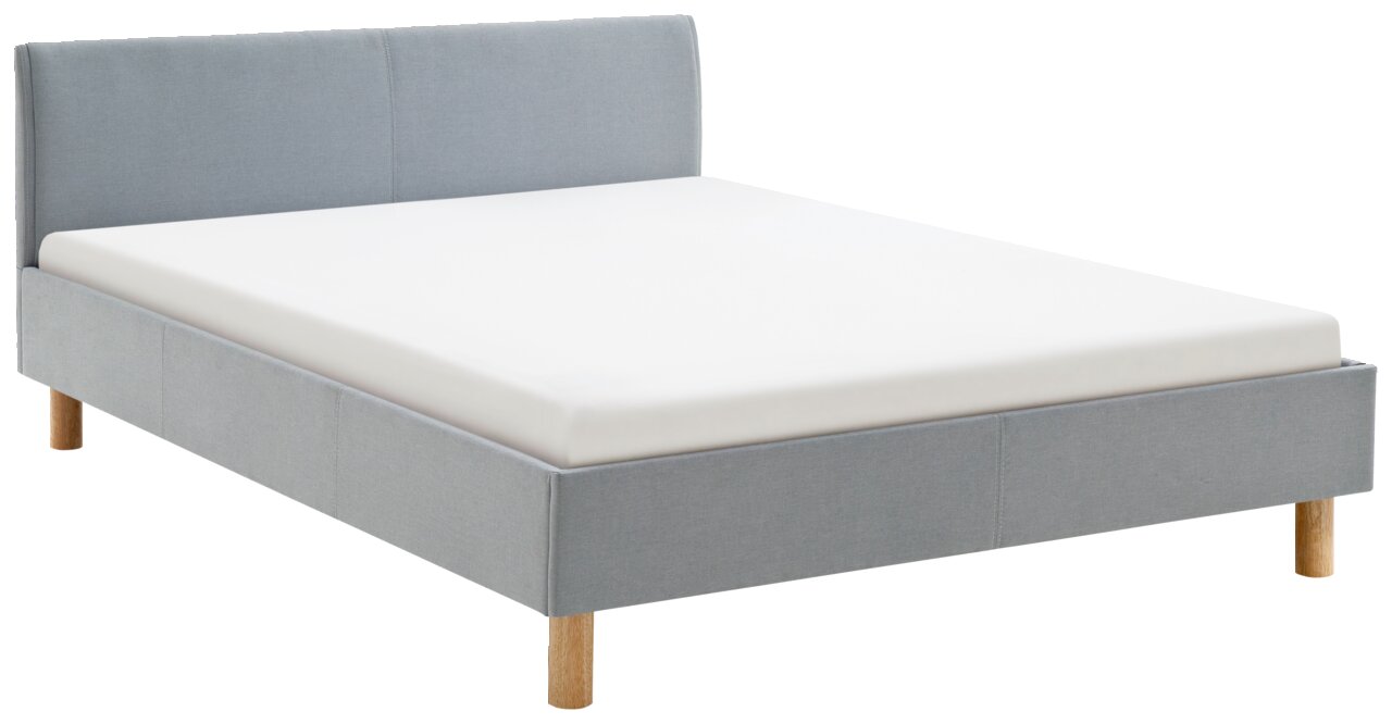 Graues Polsterbett mit Holzfüßen, seitliche Perspektive
