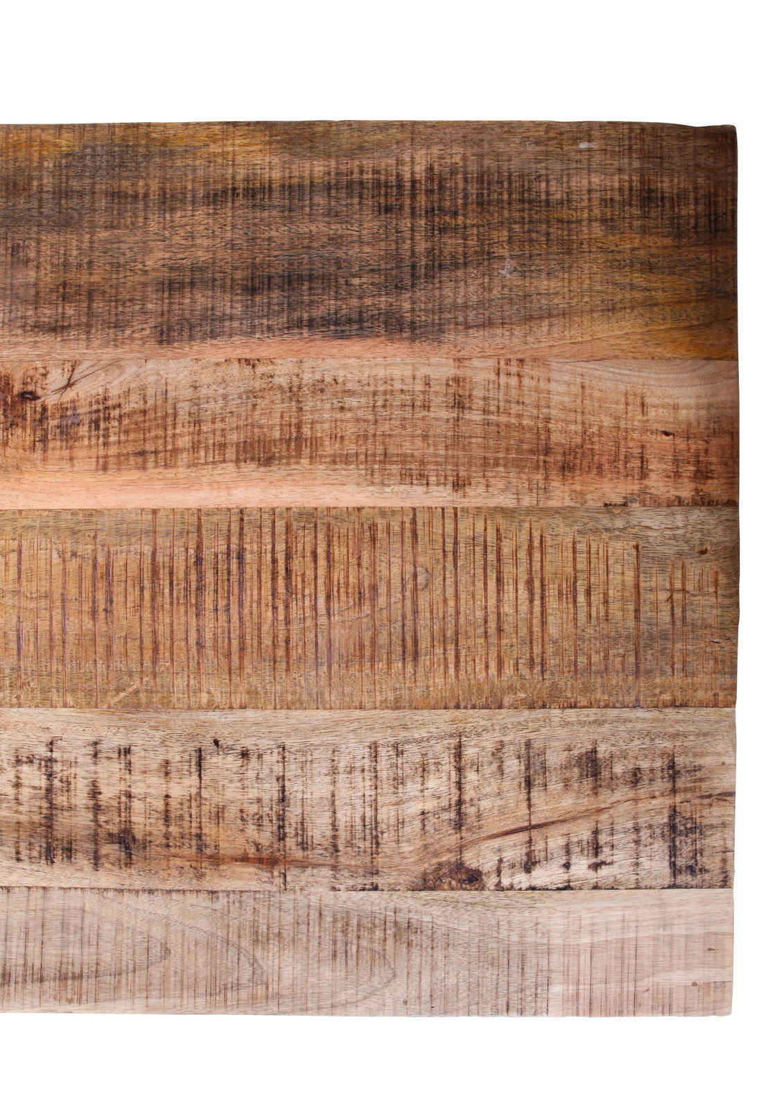 Vogelperspektive auf eine rustikale Holzoberfläche eines Couchtisches mit natürlicher Maserung und verschiedenen Holztönen.