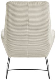 Rückansicht eines Sessels mit cremefarbenem, geripptem Stoffbezug und schlanken Metallbeinen.
