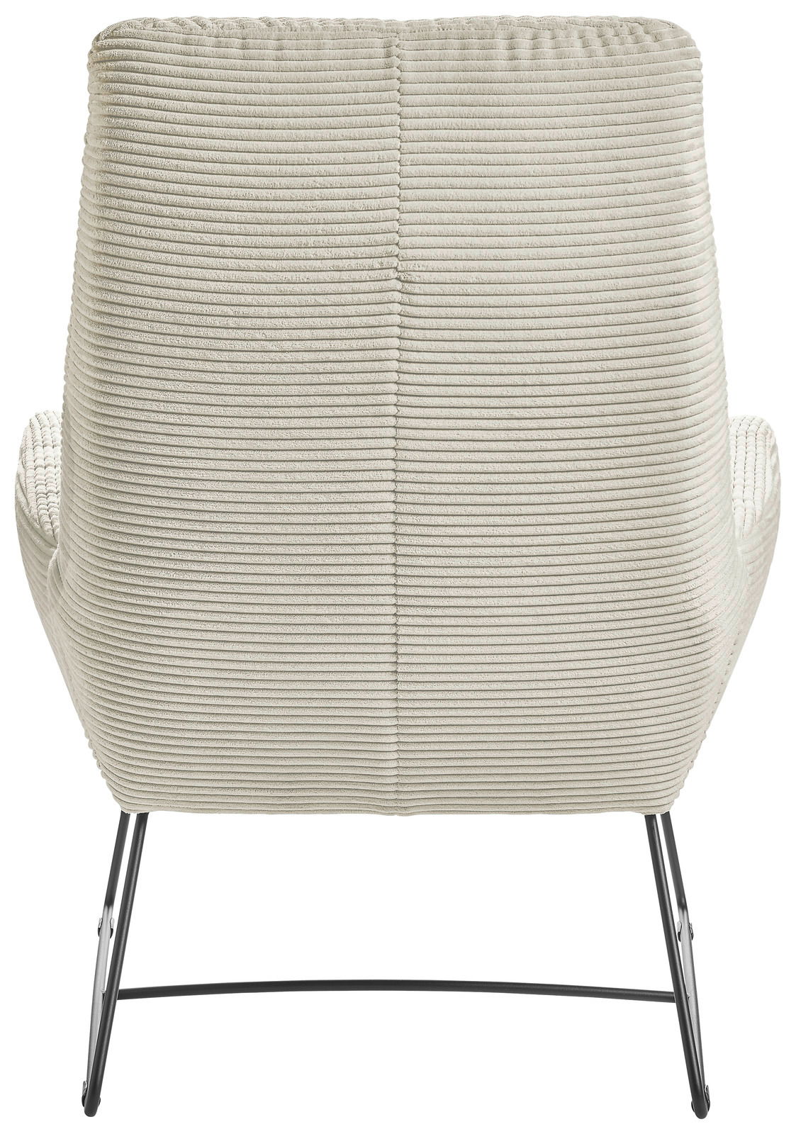 Rückansicht eines Sessels mit cremefarbenem, geripptem Stoffbezug und schlanken Metallbeinen.