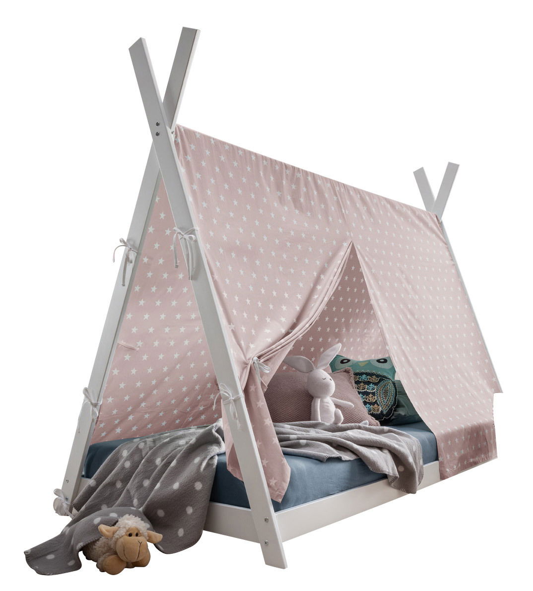 Kinderbett mit Stoffdach in Zeltform, rosa mit weißen Sternen, seitliche Perspektive