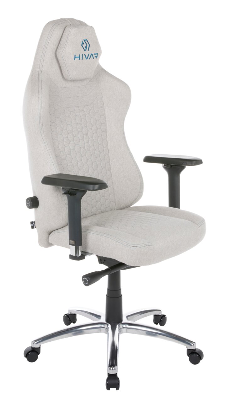 Grauer Gaming-Stuhl mit ergonomischem Design, verstellbaren Armlehnen und stabiler Metallbasis, seitliche Perspektive