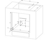 Isometrische technische Zeichnung eines rechteckigen Möbel-/Schrankkorpus mit Ausschnitt (ca. 560 mm breit, 600 mm hoch) und Maßangaben, inkl. Hinweis auf Öffnung für den Klemmenkasten.