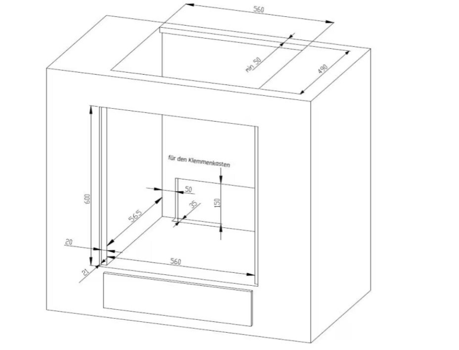 Isometrische technische Zeichnung eines rechteckigen Möbel-/Schrankkorpus mit Ausschnitt (ca. 560 mm breit, 600 mm hoch) und Maßangaben, inkl. Hinweis auf Öffnung für den Klemmenkasten.