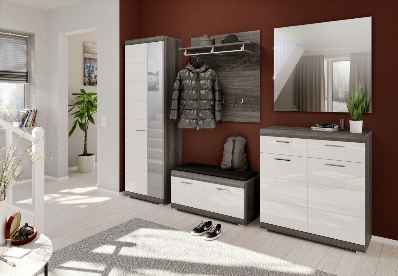 MID.YOU Garderobenschrank SCOUT Moderne Garderobeneinrichtung mit Schuhschrank, Garderobenschrank, Spiegel und Sitzbank in einem hellen Raum mit roter Akzentwand, aus der Perspektive des Eingangsbereichs betrachtet.