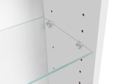 Glasboden in einem weißen Schrank, seitlich montiert mit transparenten Kunststoff-Glasbodenträgern; Detailansicht aus schräger Seitenperspektive.