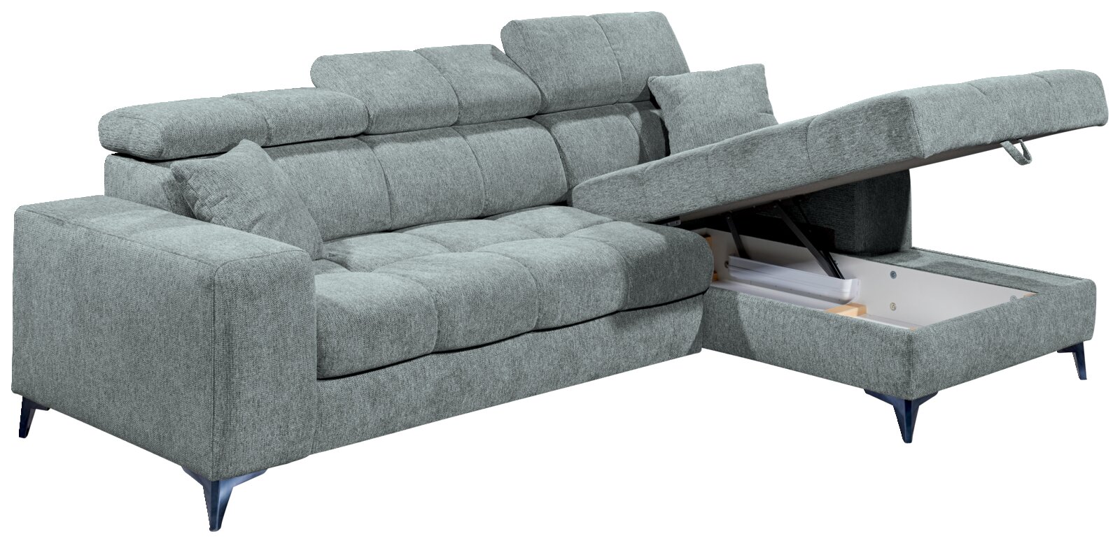 Graues Ecksofa mit verstellbaren Kopfstützen und Stauraum, Perspektive von vorne links