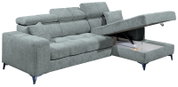 Graues Ecksofa mit verstellbaren Kopfstützen und Stauraum, Perspektive von vorne links