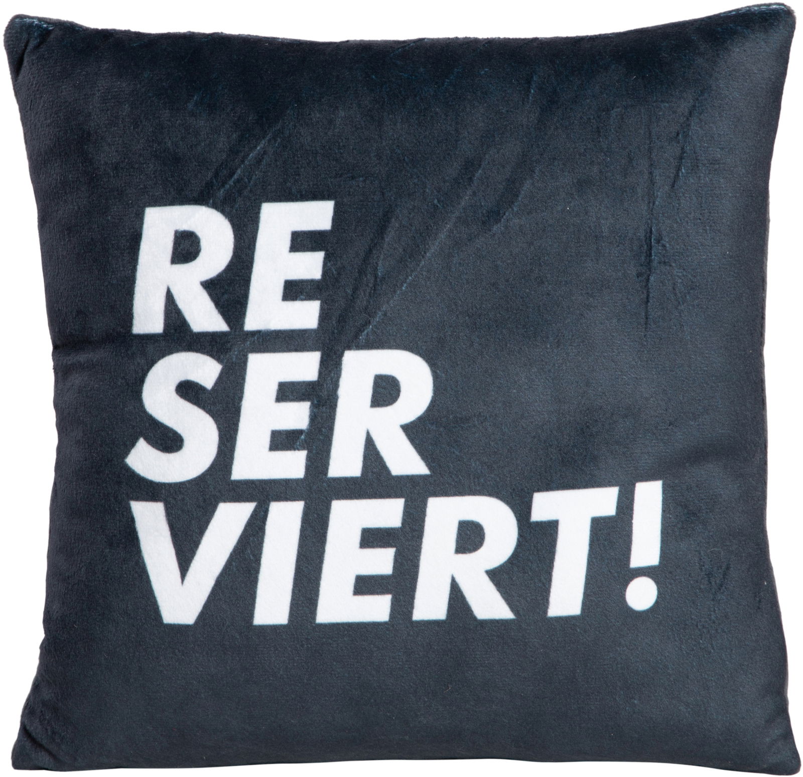 Dekokissen mit der Aufschrift 'RESERVIERT!' in weißer Schrift auf schwarzem Hintergrund, frontal abgebildet.