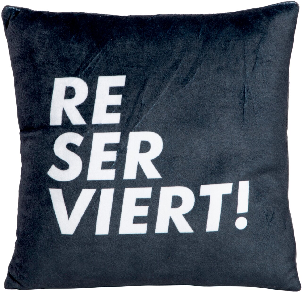 Dekokissen mit der Aufschrift 'RESERVIERT!' in weißer Schrift auf schwarzem Hintergrund, frontal abgebildet.