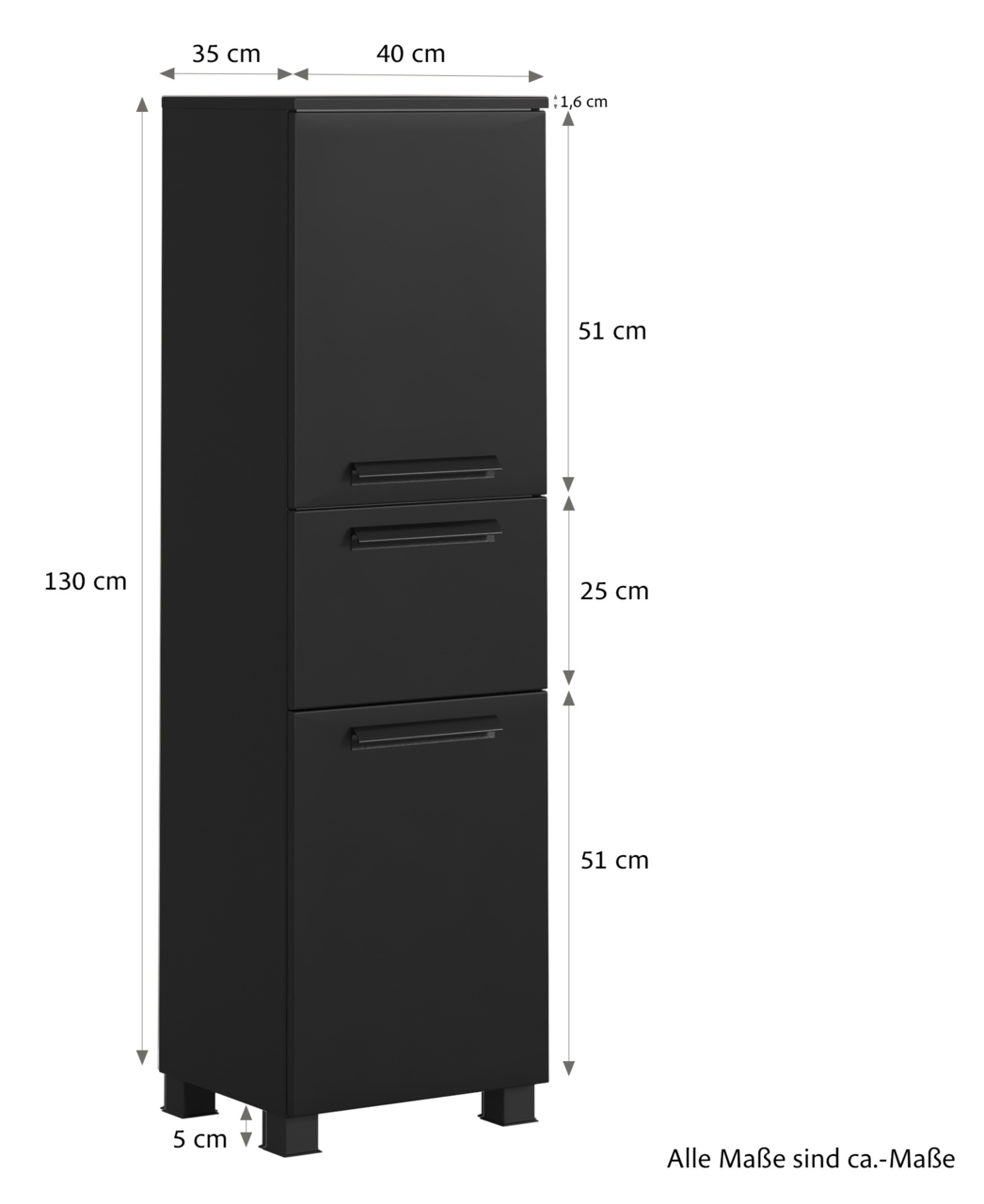 Schwarzer Midischrank mit drei Türen, Maße: 130 cm hoch, 40 cm breit, 35 cm tief, seitliche Perspektive