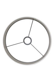 Ansicht von oben auf einen runden, weißen Lampenschirm mit Metallstreben.