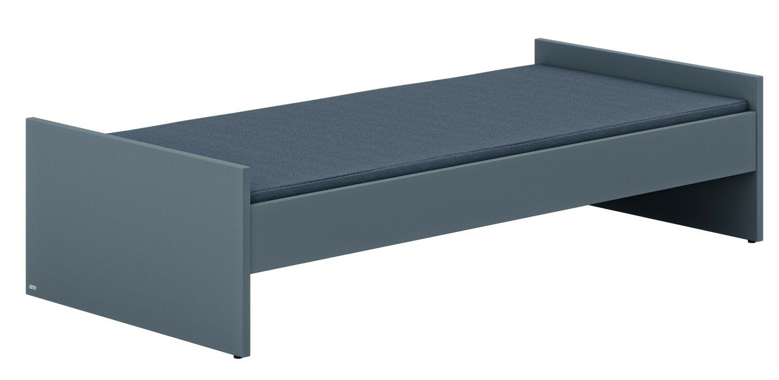 Graues Bodenbett mit einfacher, moderner Gestaltung, seitliche Perspektive