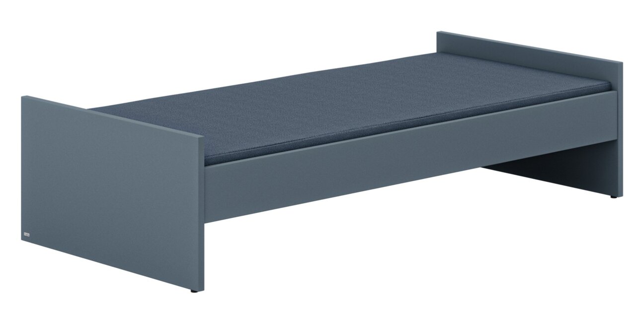 Graues Bodenbett mit einfacher, moderner Gestaltung, seitliche Perspektive