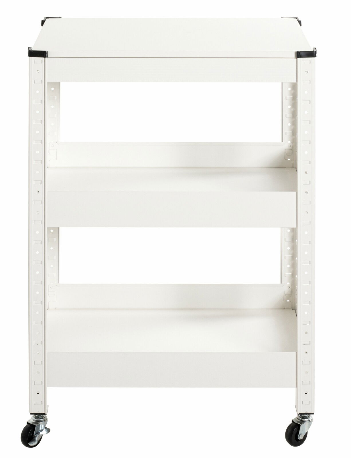 Weißer Servierwagen mit drei Ablagen und Rollen, Frontalansicht